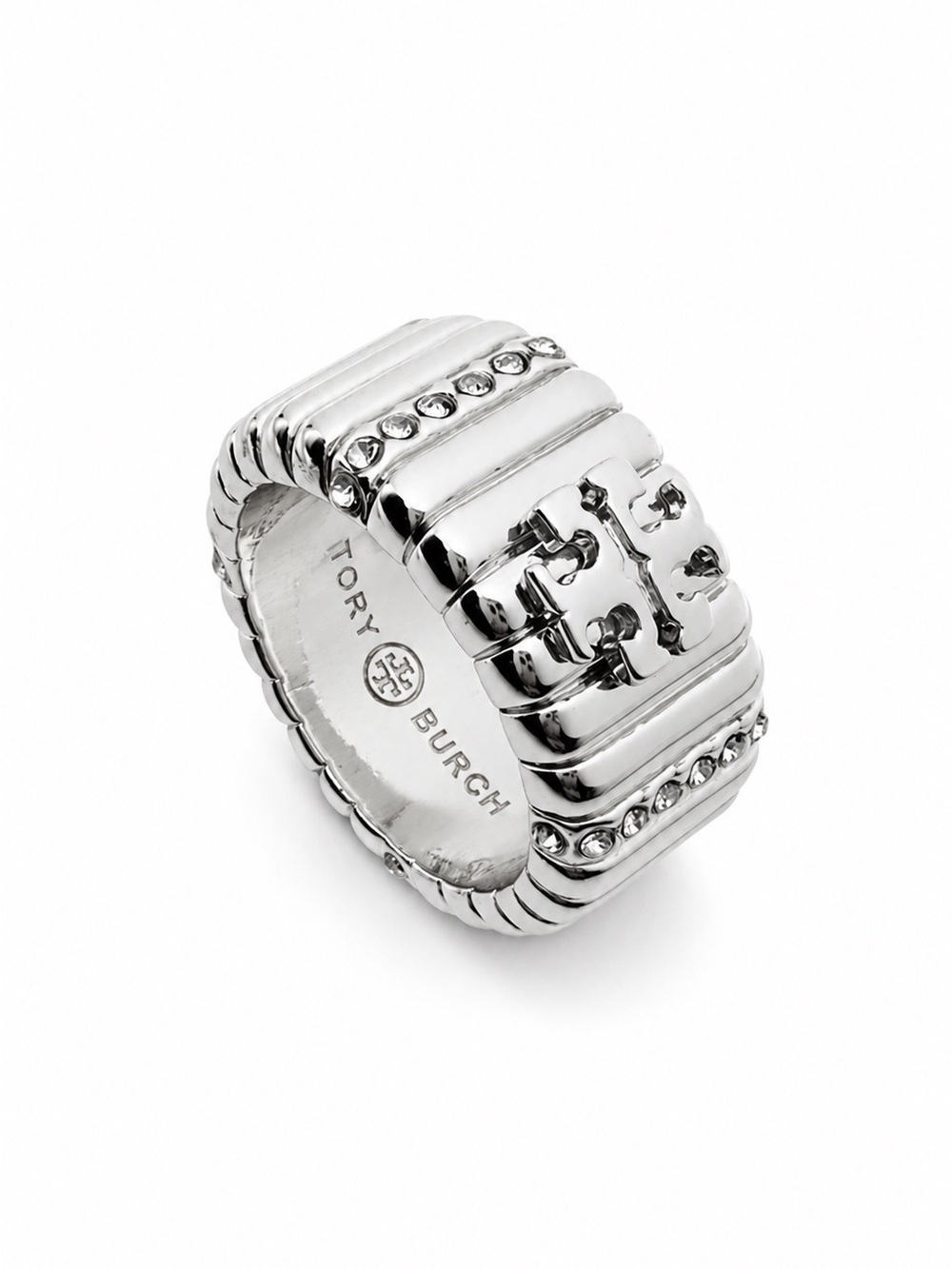 Tory Burch Crystal Textured Pave Logo Band Ring in Silver. Size 7